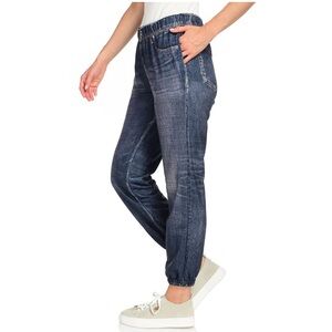 Women’s One World Dark Wash Denim Printed Knit Elastic Waist Side Pocket Joggers
